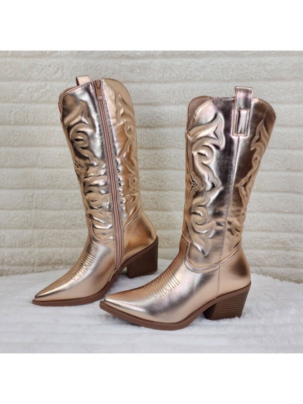 NIB Disco Cowgirl Metallic Rose Gold Cowboy Knee Boots Western Heels